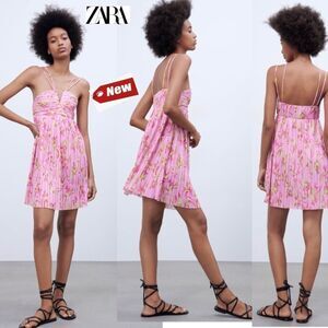 ZARA pink printed pleated spaghetti strap mini dress Sz S NWOT